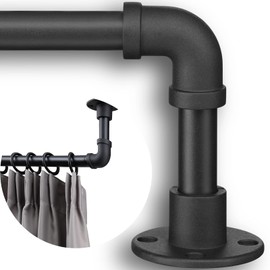 Rustic Curtain Rod - Adjustable Room Divider Rod for Windows 28 to 48 inch - 1 Inch Black Industrial Outdoor Wrap Around Curtain Rods for Patio