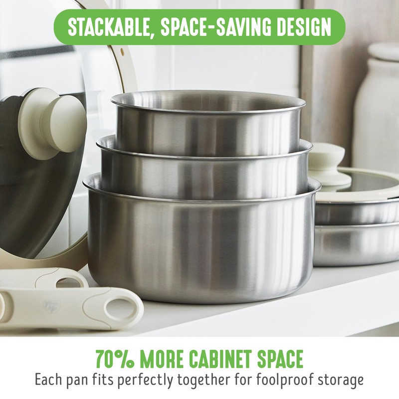 GreenLife 10 Piece Stainless Steel Pots and Pans, Detachable &