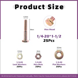 Swpeet 100Pcs 1/4"-20 x1-1/2 Grade 8 USS Yellow Color Zinc Finish Carbon Steel Nut Bolts and Flat Washers with Spring Lock Wshers Assortment Kit, Coarse Thread Hex Head Cap Screws Bolt