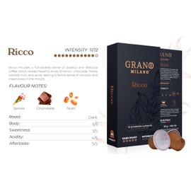 Grano Milano Ricco 50 Aluminium Coffee Pods Compatible with Nespresso Original line, Dark Roast - Intensity 11/12, Coffee Capsules Made in Italy Espresso Coffee