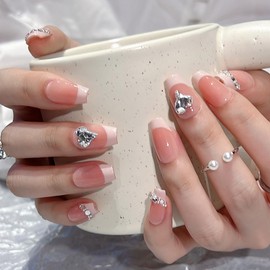 Pure Handmade Nails Press on Nail Reusable Fake Nails Pink French Rhinestones Bling Bling Nude Medium Stick on Nails French Tip False Nails 10pcs (S, Q280)
