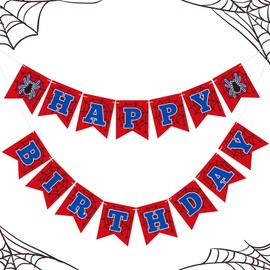 Oudain Pre Strung Spider Happy Birthday Banner Ghost Spider Web Theme Happy Birthday Sign Cartoon Movie Hanging Garland for Boys Kids Baby Showerbackdrop Decorations Party Supplies(Red)