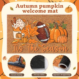 Breling 2 Pcs Fall Door Mat Pumpkin Welcome Door Mat Autumn Non Slip Front Doormat Plaid Checkered for Fall Thanksgiving Porch Entrance Decor (Black and White,Football Pumpkin)