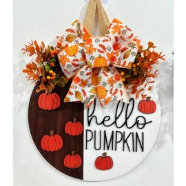 Hello Pumpkin Welcome Wooden Hanging Sign for Front Door | Fall Autumn Harvest Decor with Bow & Wreath | Farmhouse Rustic Thanksgiving Porch & Wall Plaque | Indoor Outdoor Home Decor(Color-Pumpkin-C)