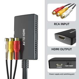Kirzi Female RCA in to HDMI Out Cable Converter Adapter with HDMI and RCA Cables, CVBS Composite AV to HDMI Converter (av to hdmi Female)