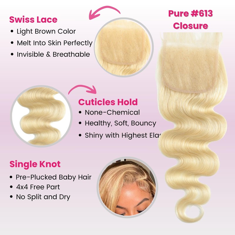 #613 Light Blonde Body Wave 4x4 HD Transparent Lace Closure
