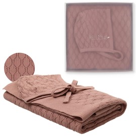 Peluche Pointelle Knit Baby Blanket with Bonnet - Tastefully Luxurious Cuddle & Swaddle - Unisex Newborn Blanket - Knitted Baby Blankets for Boys and Girls, Baby Swaddles 0-3 Months (Mauve, 29" x 36")