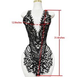 Handmade Rhinestones Large Bodice Applique Glass Stones Beads Bright Crystal Lace Patches Accessories for Weding Dress Decorations (Black)