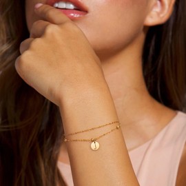 YeGieonr Women's Gold, Stainless Steel Bracelet with Letters, Golden Bracelets Layered for Women, Jewellery Birthday Gift for Women, Girlfriend, Mother, Daughter, 23 inches, Stainless Steel, No