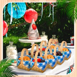 Geelin 12 Pcs Mini Woven Baskets with Handles 20 Sheets Blue and White Gingham Paper Napkins Wood Chip Mini Flower Fruit Picnic Baskets for Wedding Birthday Baby Shower Party Gifts Decoration