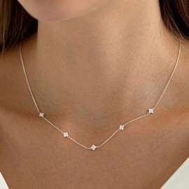 VRIUA Diamond Necklaces for Women - 14K White Gold Plated Dainty Silver Necklace Flower CZ Necklace Charm Necklace for Women Minimalistic Trendy Jewelry