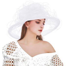 ELLYDOOR Women Organza Fascinator Hats for Wedding Cocktail Fancy Floral Derby Church Hat Wide Brim Sun Caps White