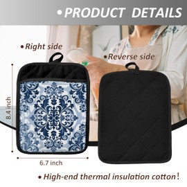 Blue and White Porcelain Floral Pot Holders with Pockets, Blue Chinoiserie Floral Pot Holders Heat Resistant Oven Mitts Hot Pads for Kitchen Baking Cooking,Potholders for Kitchens