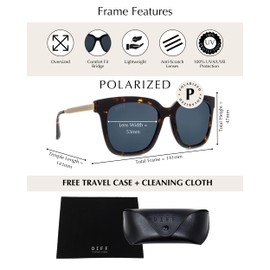 DIFF Bella Designer Square Oversized Sunglasses for Women UV400 Polarized Protection w/giftable travel case, Amber Tortoise + Grey