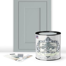 ALL-IN-ONE Paint, Durable cabinet and furniture paint. Built in primer and top coat, no sanding needed. Includes our 30 featured color card - Saltwater (pale green), Quart