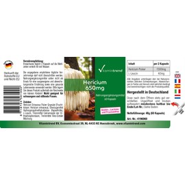 Hericium Powder, 650 mg, 60 Capsules, Functional Vital Mushroom, Adaptogen, High Dose, Vegan Vitamintrend®