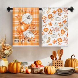 Fall Kitchen Towels, Orange Pumpkin Hand Dish Towels for Kitchen Bathroom with Maple Leaves, 17 x 26 Inch, Fall Decorations for Home Farmhouse, Cute Autumn Thanksgiving Seasonal Decor Gifts, Set of 2