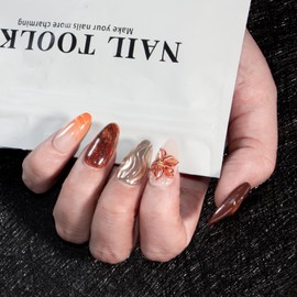 Press on Nails Almond-Vanpaga Hademade Press on Nails Medium Almond,Soft Gel Nails Press Ons Flower Swirl Wave Charms,3D Flower Nails Art Kit for Women Gift,Reusable Stick on Fake Nails,M Size