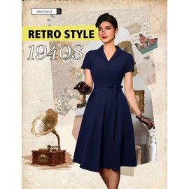 Wedtrend Navy Vintage Retro Style Dress for Church, V-Neck Ladies Dress for Church with Sleeves Flare Cocktail Prom Dress for Graduation Midi 50s Audrey Style Work Dress for Women WTP30001NavyS