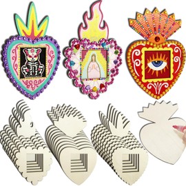 15 Sets Unfinished Wooden Sacred Heart Retablo Frame Blank Mexican Milagros Sacred Heart Dia De Los Muertos Remembrance Picture Frame for Day of The Dead Home Decor