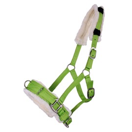 QHP Cavesson / Halter Combination Faux Fur Padding 3 Stainless Steel D-Rings (Pony, Lime)