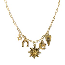 18K Paperclip Gold Chain Necklace Handmade DIY Sun Moon Star Pendant Charm Necklace Western Ocean Seaside Beach Gold Charm Necklace For Women, Zinc, No Gemstone