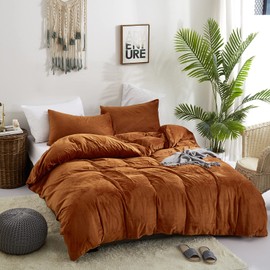 Cottonight Burnt Orange Flannel Duvet Cover Set Queen Rust Flannel Plush Fluffy Bedding Cover Set Full Caramel Thick Warm Solid Color Duvet Cover Set with 2 Pillowcases