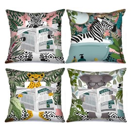 Bathroom Animals Picture Cushion Covers Zebra Read Newspaper Pillow Covers Decorative 18x18inch Set of 4 Modern Style Art Pillow Covers Leopard Elephant Throw Pillow Cases for Sofa Living Room Gift