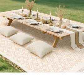 Beeveer Extra Large Outdoor Boho Picnic Blanket 118'' x 71'' Beige White Table Runner 6 Throw Pillow Cover Woven Cotton Yarn Oversize Beach Blanket Washable for Summer Picnic Camp Beach Wedding