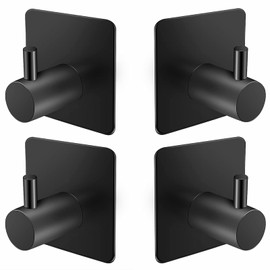 BARONAGE Adhesive Hooks, Heavy Duty Stick on Wall Hooks Robe Towel Hook for Bathroom, ‎Square Self-Adhesive Hook for Hanging Towels Clothes Waterproof Stainless Steel, Black 4 Packs