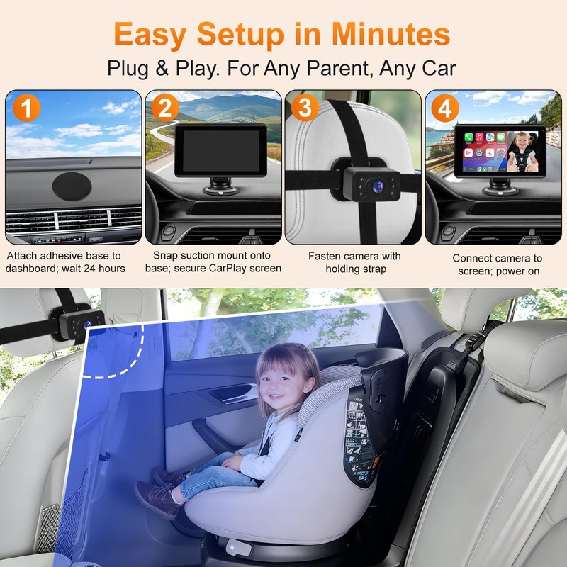 Baby Car Camera with 7" Wireless CarPlay Screen -Supports Apple