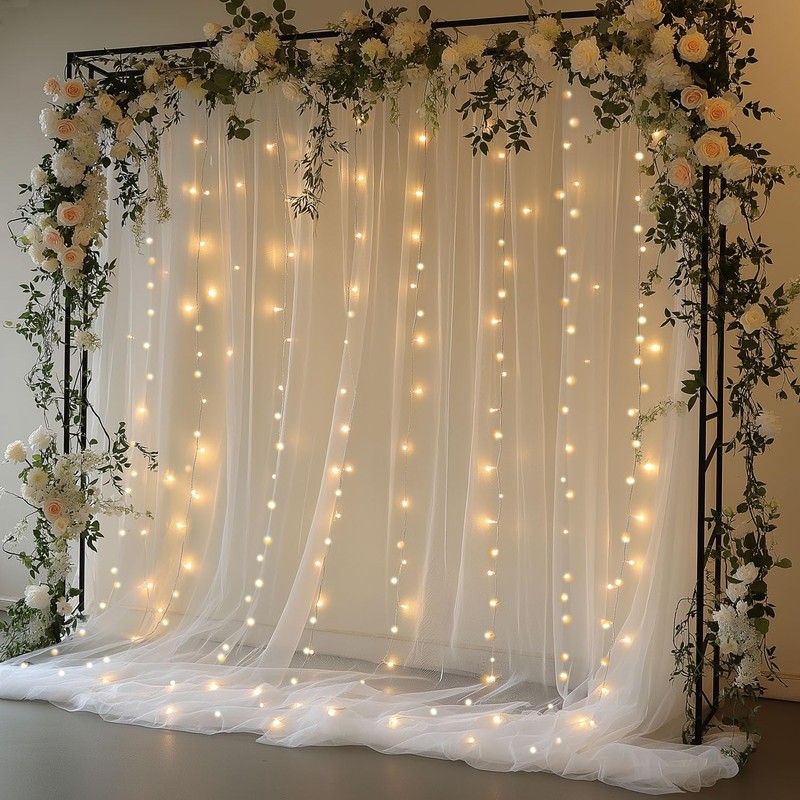 EMHOLDBU White Tulle Backdrop Curtain with Lights String 10x8ft Sheer