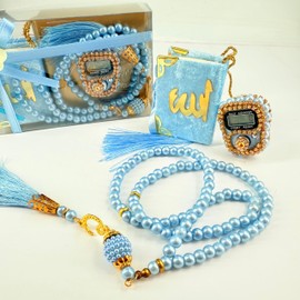 BABY SHOWER CHOCOLATE Islamic Gift Set (Pack of 6) - Digital Tasbih Counter, Mini Quran and Prayer Beads in Elegant Gift Box - Muslim Gift for All Occasions (Blue)