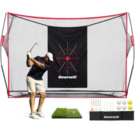 Golf Net, 10x7ft Heavy Duty Golf Practice Nets with Mat, Target Cloth, 8 Tees, 6 Balls, Carry Bag for Backyard Driving Chipping Indoor Outdoor Training