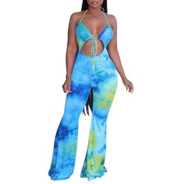 Remelon Mameluco de una pieza para mujer, con tirantes delgados, estampado de teñido anudado, recortado, entallado, acampanado, pantalones acampanados, para discoteca, fiesta, 1-azul, L