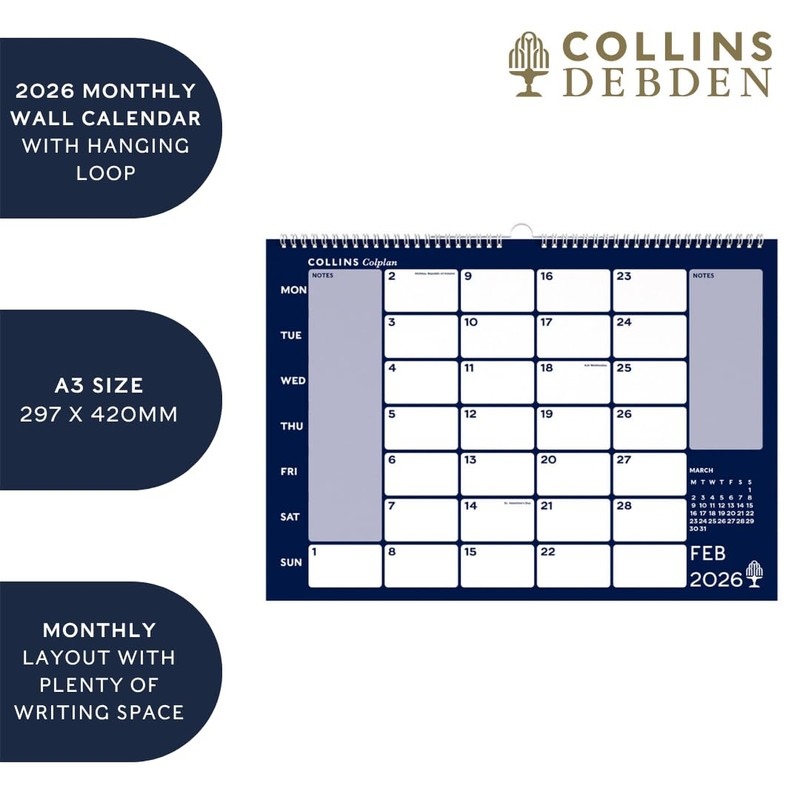 Collins - Colplan - A3 Monthly Wall Diary Calendar 2026