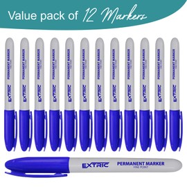 EXTRIC Permanent Markers Blue, 12 Count Fine Point Markers, Quick Drying, Works on wood, Paper, Plastic, Metal and Glass, for Home, Office and School