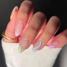 Almond Press on Nails Pastel Waves Fake Nails Medium Length False Nails Press ons with Designs - Reusable Acrylic Nails Glossy Full Cover Artificial Stick on Nails for Women Manicure 24 Pcs