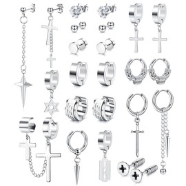 Adramata 12 Pairs of Men's Surgical Steel Earrings Cross Earrings Hanging Punk Earrings Men's Set Earrings Hoop Earrings Silver Earrings Black Stud Earrings for Men Women, Stainless Steel