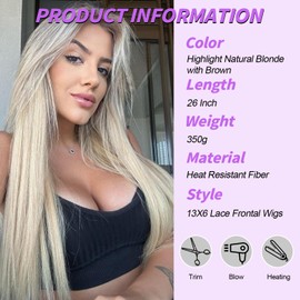 SAPPHIREWIGS 13x6 Blonde Synthetic Lace Front Wigs Glueless Straight Wigs for Women Pre Plucked Hairline Ready to Wear Wig Heat Resistant Fiber Daily Party Use 26 Inches