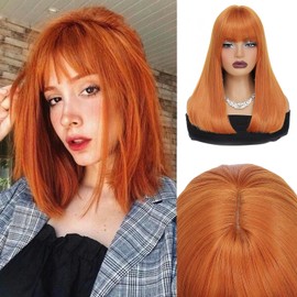 XCHJH Orange Bob Wigs for Women Short Straight Ginger Bob Hair Wig with Bangs,16 Inch Shoulder Length Synthetic Colored Hair Replacement Wig for Daily Party Cosplay Use
