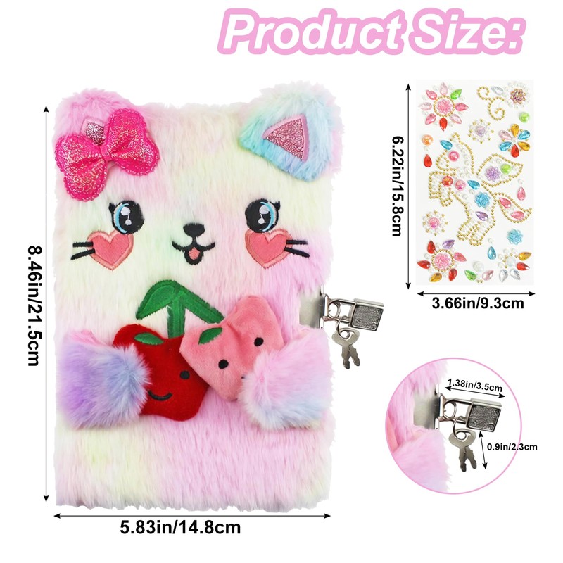 Amonk Secret Diary with Lock for Girls, Fuzzy Cat Kids
