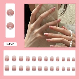 Press on Finger Nails with Designs, 24Pcs Full Cover Reusable False Nails Kits, Press on Nails Short Square, Artificial Fingernails Acrylic Fake Nails for Women, Stick on Nails Coffin Shape（R452）