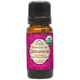 US Organic 100% Pure Geranium Essential Oil - USDA Certified Organic, Steam Distilled - W/Euro droppers (More Size Variations Available) (10 ml / .33 fl oz)