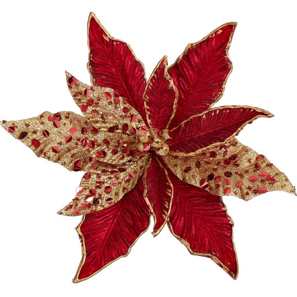 Oairse 4PCS Large Glitter Poinsettia Flowers Picks 12"/30cm Red Gold Artificial Christmas Flowers with Long Stem Christmas Tree Decorations for Xmas Tree Ornaments Wedding New Year Halloween
