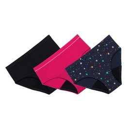 Thinx Teens Period Underwear, Brief-Style Period Panties for Teens, Holds Up to Regular 12 Tampons, FSA HSA Approved Period Panties, Reusable, 1 Black + 1 Hot Pink + 1 Lucky Stars, Size 13/14