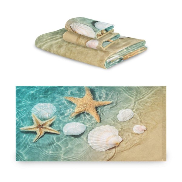Blueangle 3 Piece Summer Beach Starfish and Seashell Towel Set, Super Soft, Heavy Weight & Absorbent