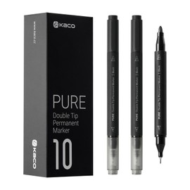 Kaco PURE Permanent Markers Black Fine Point, 10 Pieces Set, Dual Tip, 0.8mm/4.0mm Point, Work on Wood, Glass, Paper, Ceramic for Office School Supplies
