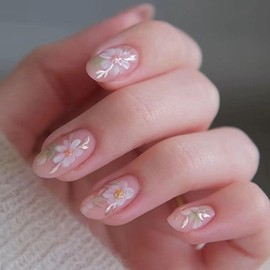 Short Press on Nails Almond Fake Nails with Flower Designs Acrylic Nails Press ons Glossy Glue on Nails Light Pink False Nails Spring Artificial Stick on Nails for Women 30 Pcs