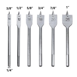 Semetall 6-Piece Wood Spade Drill Bit Kit – Carbon Steel Flat Paddle Set for Quick-Change Drilling | Includes Sizes 3/8" to 1" & Nylon Storage Pouch - Silver